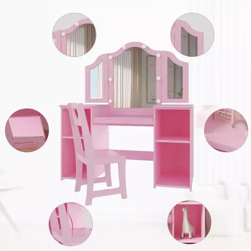 Tavolino da trucco e sedia 2-in-1 per bambine, specchio a tre ante, ampio spazio contenitivo, specchio touch, facile da montare, per cameretta, rosa e bianco