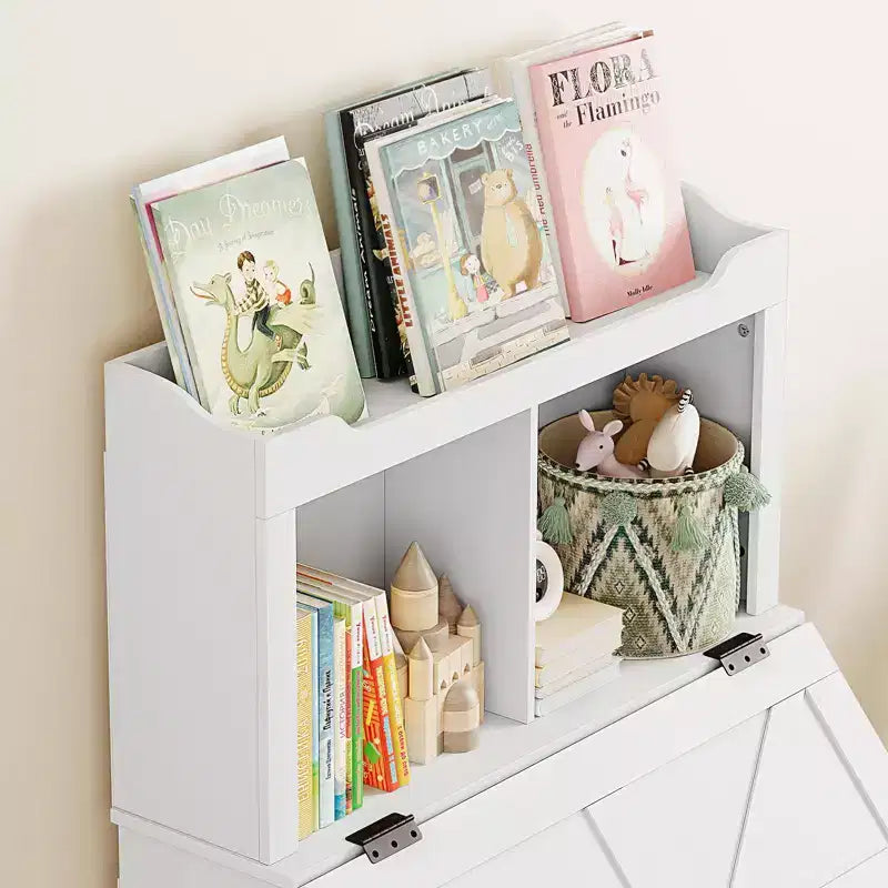Libreria e organizer per giocattoli in legno per bambini da 47,8 pollici con coperchio ribaltabile, organizer per giocattoli per bambini/e