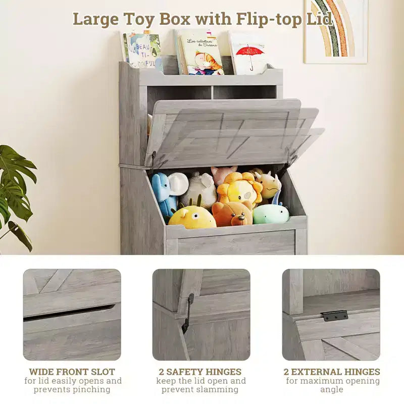 Libreria e organizer per giocattoli in legno per bambini da 47,8 pollici con coperchio ribaltabile, organizer per giocattoli per bambini/e
