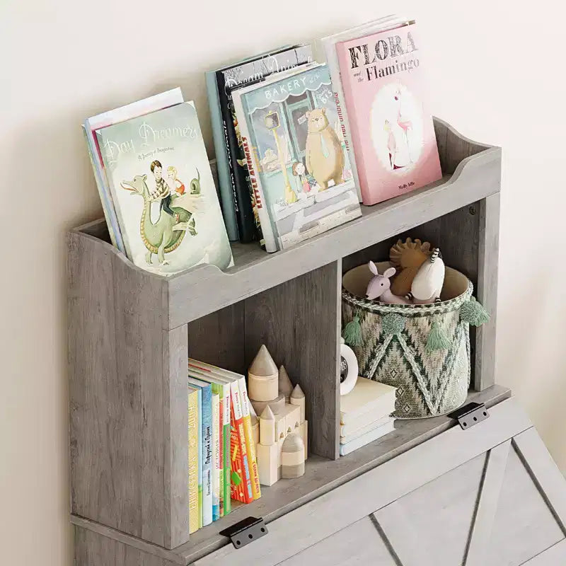 Libreria e organizer per giocattoli in legno per bambini da 47,8 pollici con coperchio ribaltabile, organizer per giocattoli per bambini/e