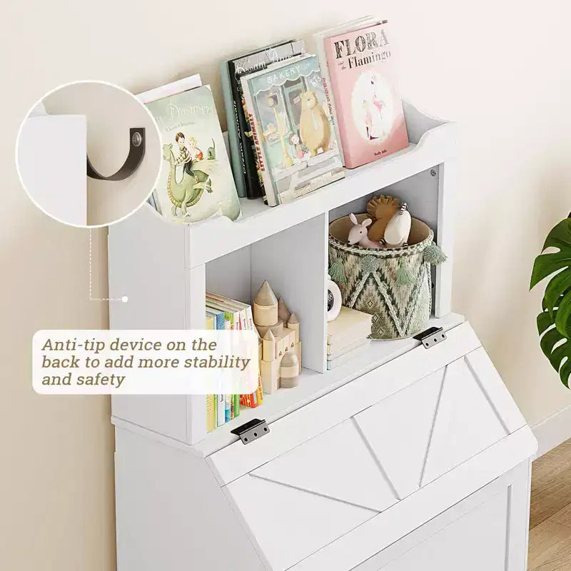 Libreria e organizer per giocattoli in legno per bambini da 47,8 pollici con coperchio ribaltabile, organizer per giocattoli per bambini/e