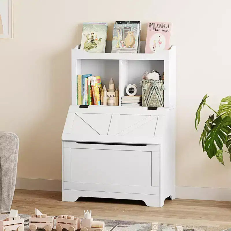 Libreria e organizer per giocattoli in legno per bambini da 47,8 pollici con coperchio ribaltabile, organizer per giocattoli per bambini/e