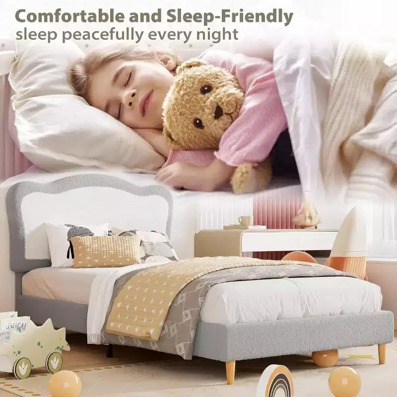 Struttura letto per bambini, Struttura letto singola imbottita per bambini, con testiera a conchiglia, Grazioso letto in velluto per bambine e bambini