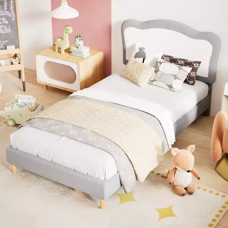Struttura letto per bambini, Struttura letto singola imbottita per bambini, con testiera a conchiglia, Grazioso letto in velluto per bambine e bambini