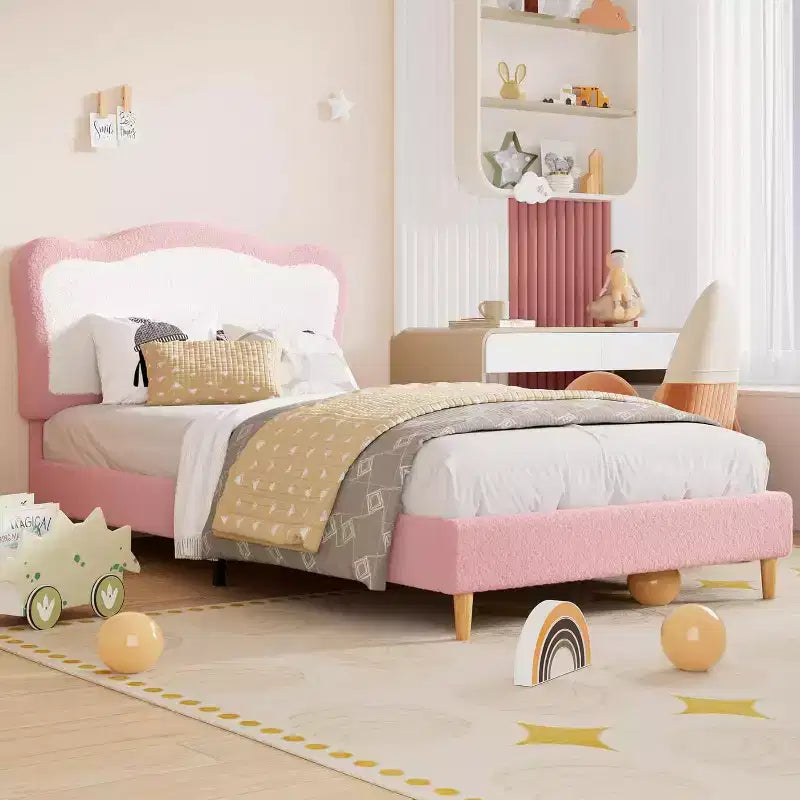 Struttura letto per bambini, Struttura letto singola imbottita per bambini, con testiera a conchiglia, Grazioso letto in velluto per bambine e bambini