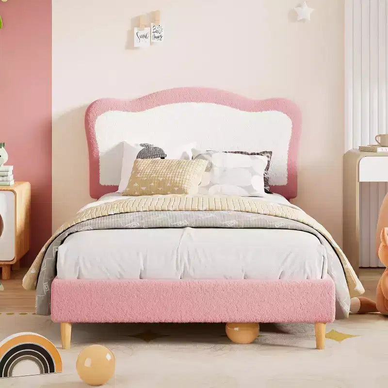 Struttura letto per bambini, Struttura letto singola imbottita per bambini, con testiera a conchiglia, Grazioso letto in velluto per bambine e bambini