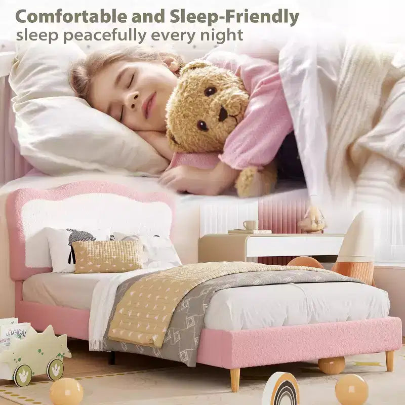 Struttura letto per bambini, Struttura letto singola imbottita per bambini, con testiera a conchiglia, Grazioso letto in velluto per bambine e bambini