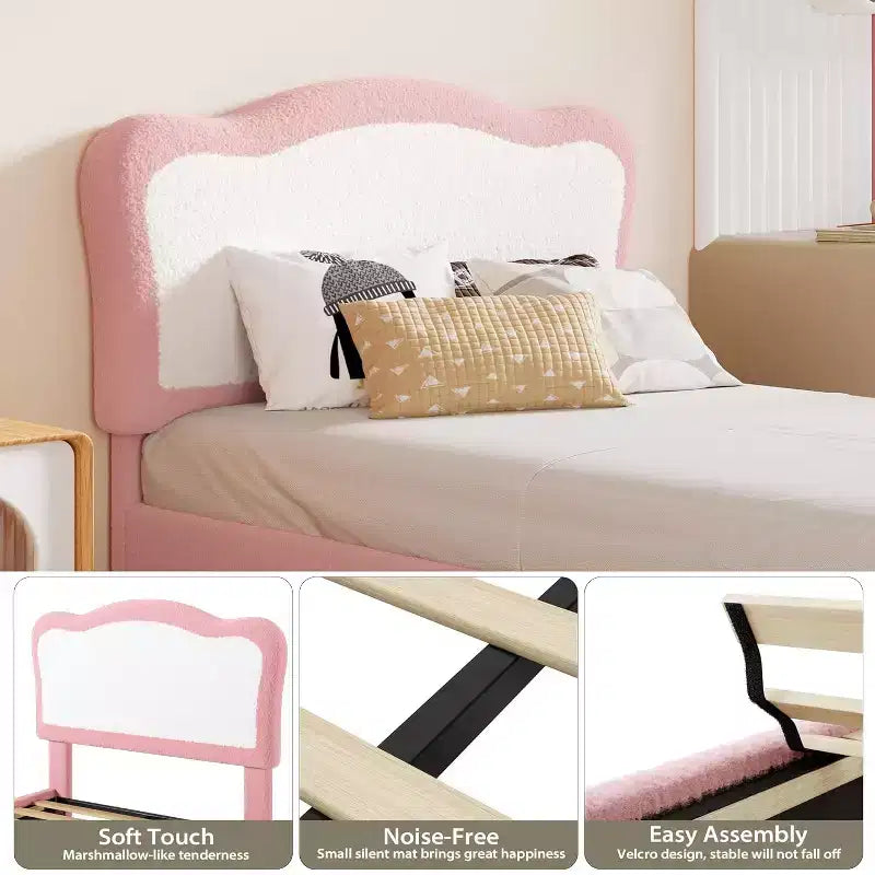 Struttura letto per bambini, Struttura letto singola imbottita per bambini, con testiera a conchiglia, Grazioso letto in velluto per bambine e bambini