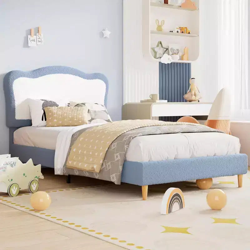 Struttura letto per bambini, Struttura letto singola imbottita per bambini, con testiera a conchiglia, Grazioso letto in velluto per bambine e bambini