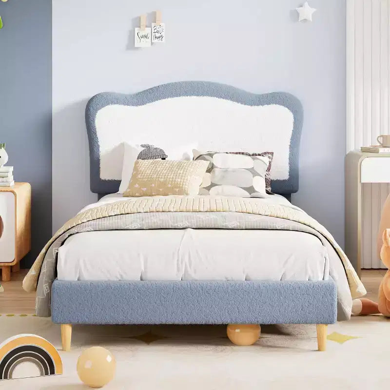 Struttura letto per bambini, Struttura letto singola imbottita per bambini, con testiera a conchiglia, Grazioso letto in velluto per bambine e bambini