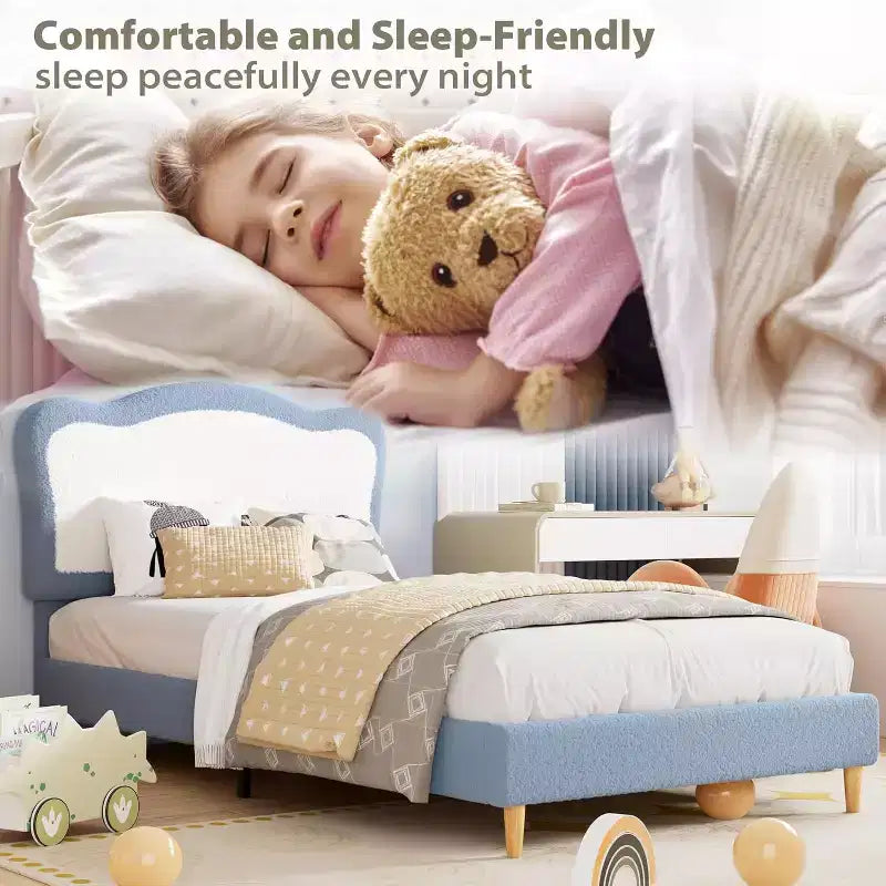 Struttura letto per bambini, Struttura letto singola imbottita per bambini, con testiera a conchiglia, Grazioso letto in velluto per bambine e bambini