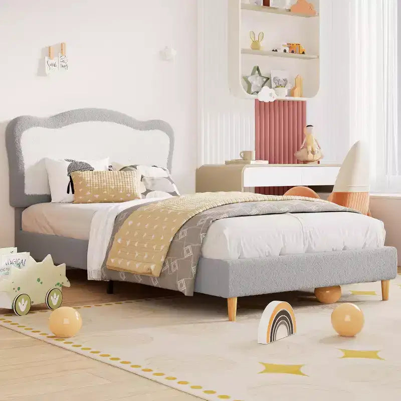 Struttura letto per bambini, Struttura letto singola imbottita per bambini, con testiera a conchiglia, Grazioso letto in velluto per bambine e bambini