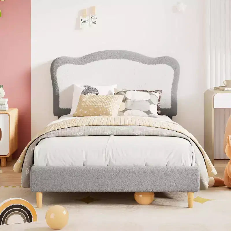 Struttura letto per bambini, Struttura letto singola imbottita per bambini, con testiera a conchiglia, Grazioso letto in velluto per bambine e bambini