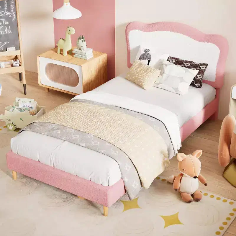 Struttura letto per bambini, Struttura letto singola imbottita per bambini, con testiera a conchiglia, Grazioso letto in velluto per bambine e bambini