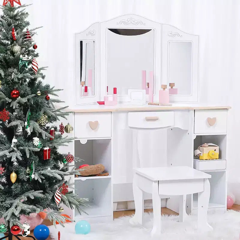 Set Toeletta e Sgabello per Bambini con Specchio a Tre Ante, Toeletta Bianca per Ragazze dai 3 ai 9 Anni, con Cassetti e Ripiani Aperti per una Facile Organizzazione