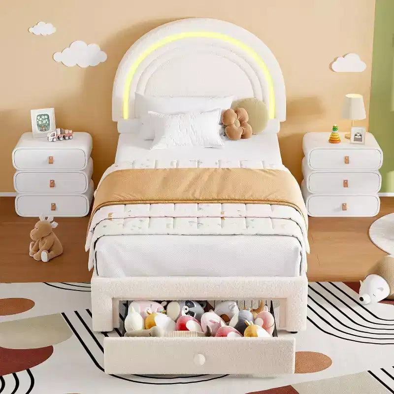 Struttura Letto a LED per Bambini (misura singola) - Testiera Arcobaleno + Rivestimento in pile berbero, Struttura a Piattaforma in Stile Principessa, Incluso 1 Cassetto Contenitore