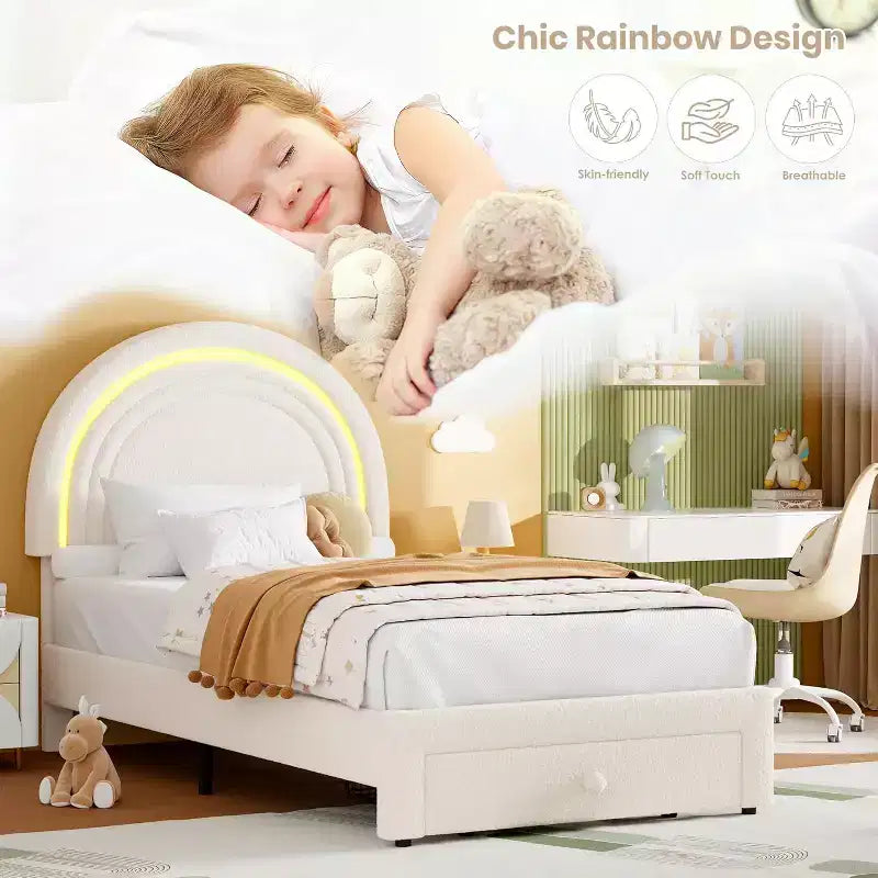 Struttura Letto a LED per Bambini (misura singola) - Testiera Arcobaleno + Rivestimento in pile berbero, Struttura a Piattaforma in Stile Principessa, Incluso 1 Cassetto Contenitore