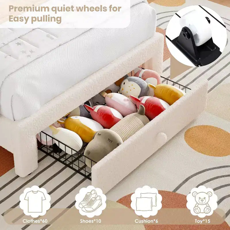 Struttura Letto a LED per Bambini (misura singola) - Testiera Arcobaleno + Rivestimento in pile berbero, Struttura a Piattaforma in Stile Principessa, Incluso 1 Cassetto Contenitore
