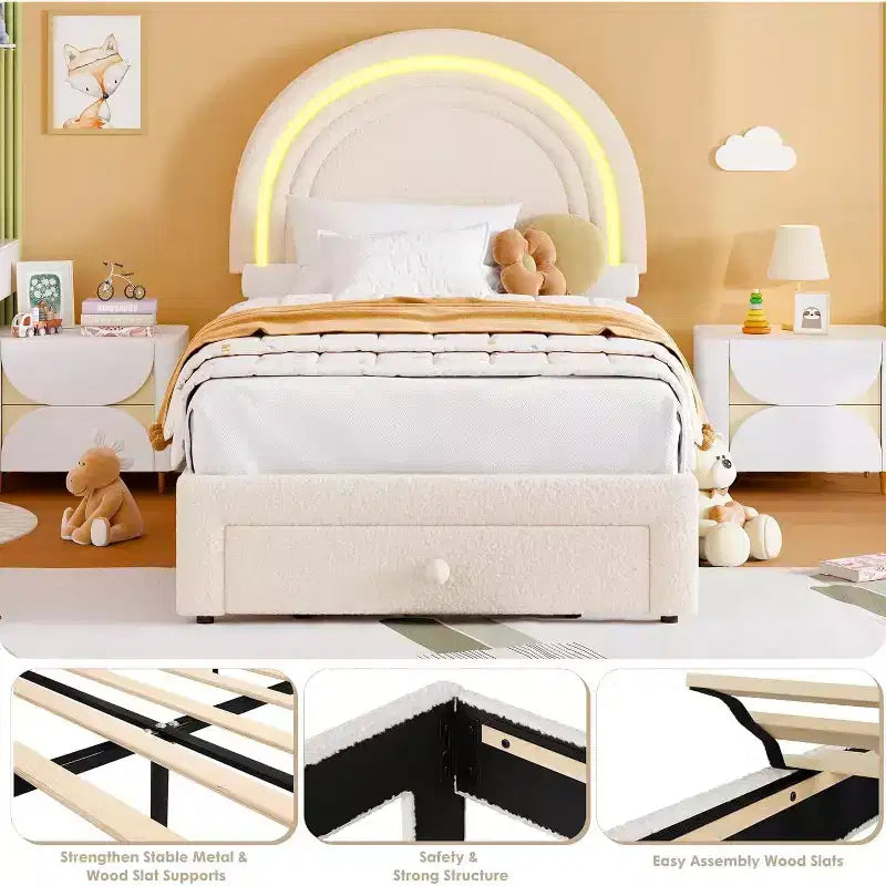 Struttura Letto a LED per Bambini (misura singola) - Testiera Arcobaleno + Rivestimento in pile berbero, Struttura a Piattaforma in Stile Principessa, Incluso 1 Cassetto Contenitore