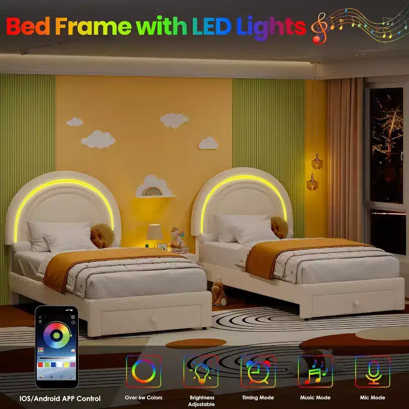 Struttura Letto a LED per Bambini (misura singola) - Testiera Arcobaleno + Rivestimento in pile berbero, Struttura a Piattaforma in Stile Principessa, Incluso 1 Cassetto Contenitore