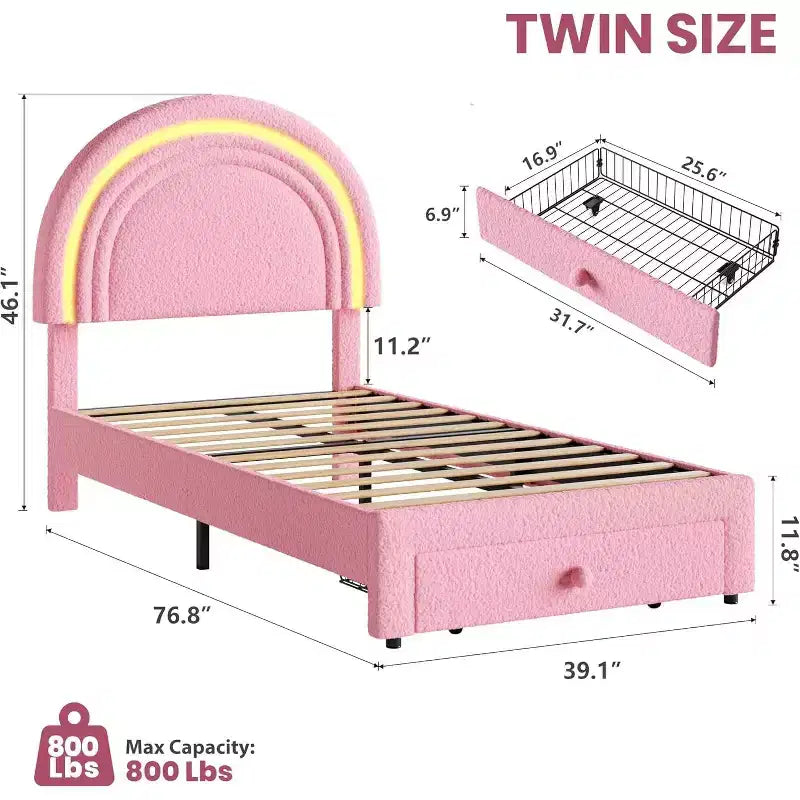 Struttura Letto a LED per Bambini (misura singola) - Testiera Arcobaleno + Rivestimento in pile berbero, Struttura a Piattaforma in Stile Principessa, Incluso 1 Cassetto Contenitore