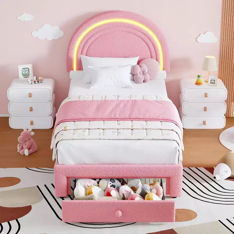 Struttura Letto a LED per Bambini (misura singola) - Testiera Arcobaleno + Rivestimento in pile berbero, Struttura a Piattaforma in Stile Principessa, Incluso 1 Cassetto Contenitore