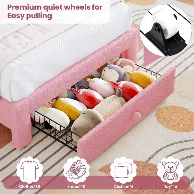 Struttura Letto a LED per Bambini (misura singola) - Testiera Arcobaleno + Rivestimento in pile berbero, Struttura a Piattaforma in Stile Principessa, Incluso 1 Cassetto Contenitore
