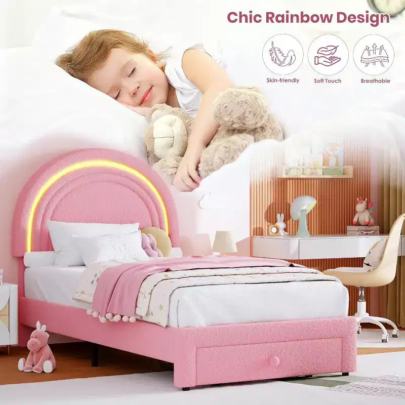 Struttura Letto a LED per Bambini (misura singola) - Testiera Arcobaleno + Rivestimento in pile berbero, Struttura a Piattaforma in Stile Principessa, Incluso 1 Cassetto Contenitore