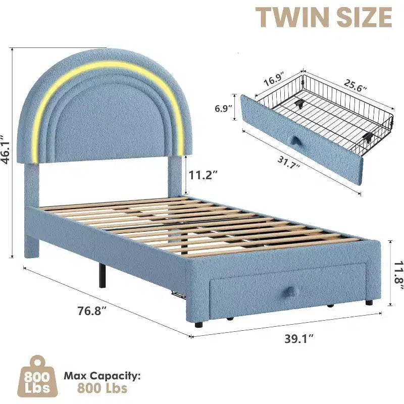 Struttura Letto a LED per Bambini (misura singola) - Testiera Arcobaleno + Rivestimento in pile berbero, Struttura a Piattaforma in Stile Principessa, Incluso 1 Cassetto Contenitore