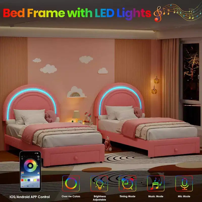 Struttura Letto a LED per Bambini (misura singola) - Testiera Arcobaleno + Rivestimento in pile berbero, Struttura a Piattaforma in Stile Principessa, Incluso 1 Cassetto Contenitore