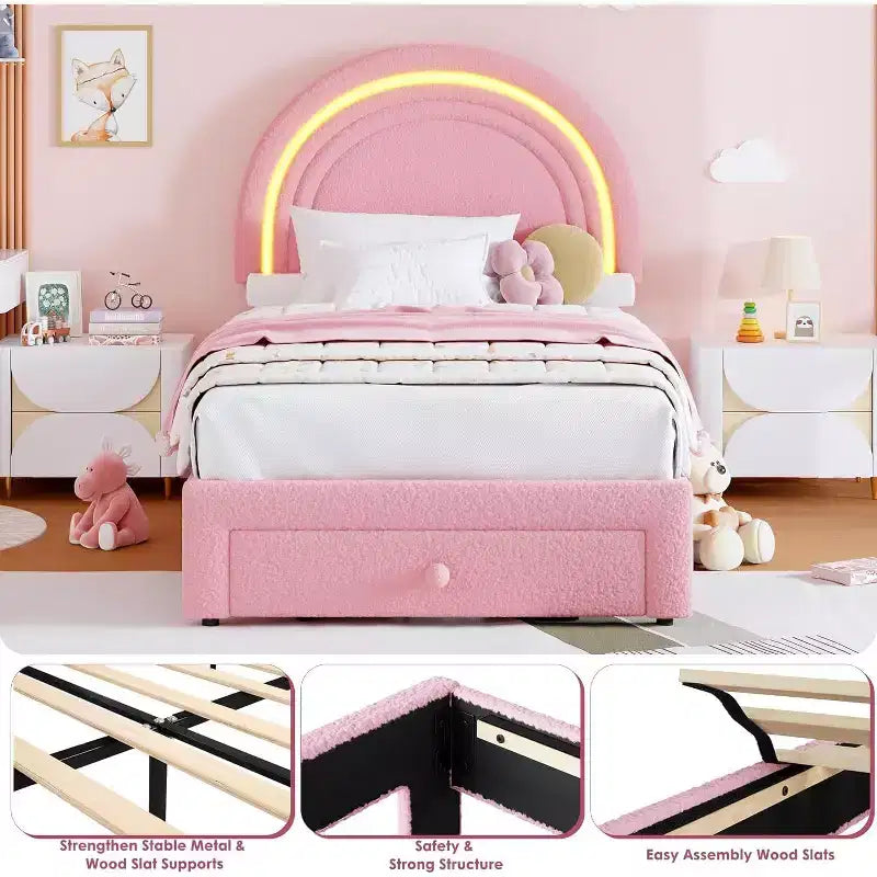 Struttura Letto a LED per Bambini (misura singola) - Testiera Arcobaleno + Rivestimento in pile berbero, Struttura a Piattaforma in Stile Principessa, Incluso 1 Cassetto Contenitore