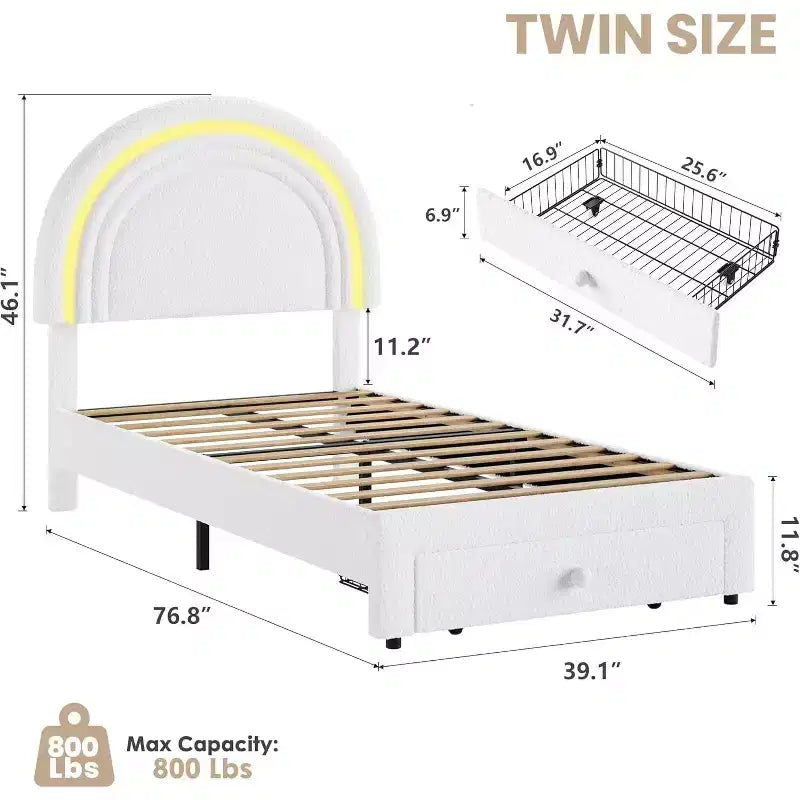 Struttura Letto a LED per Bambini (misura singola) - Testiera Arcobaleno + Rivestimento in pile berbero, Struttura a Piattaforma in Stile Principessa, Incluso 1 Cassetto Contenitore