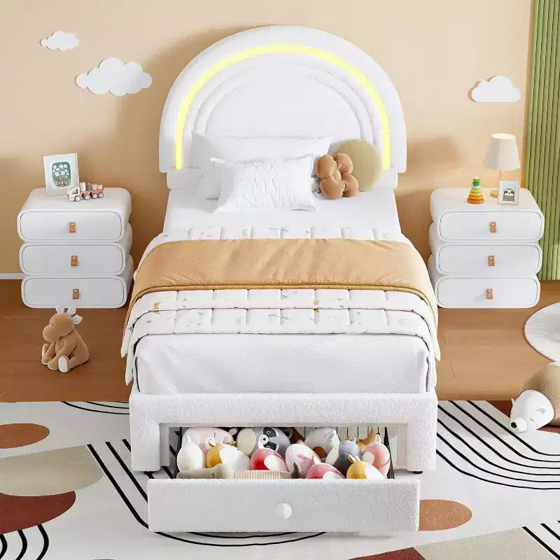Struttura Letto a LED per Bambini (misura singola) - Testiera Arcobaleno + Rivestimento in pile berbero, Struttura a Piattaforma in Stile Principessa, Incluso 1 Cassetto Contenitore