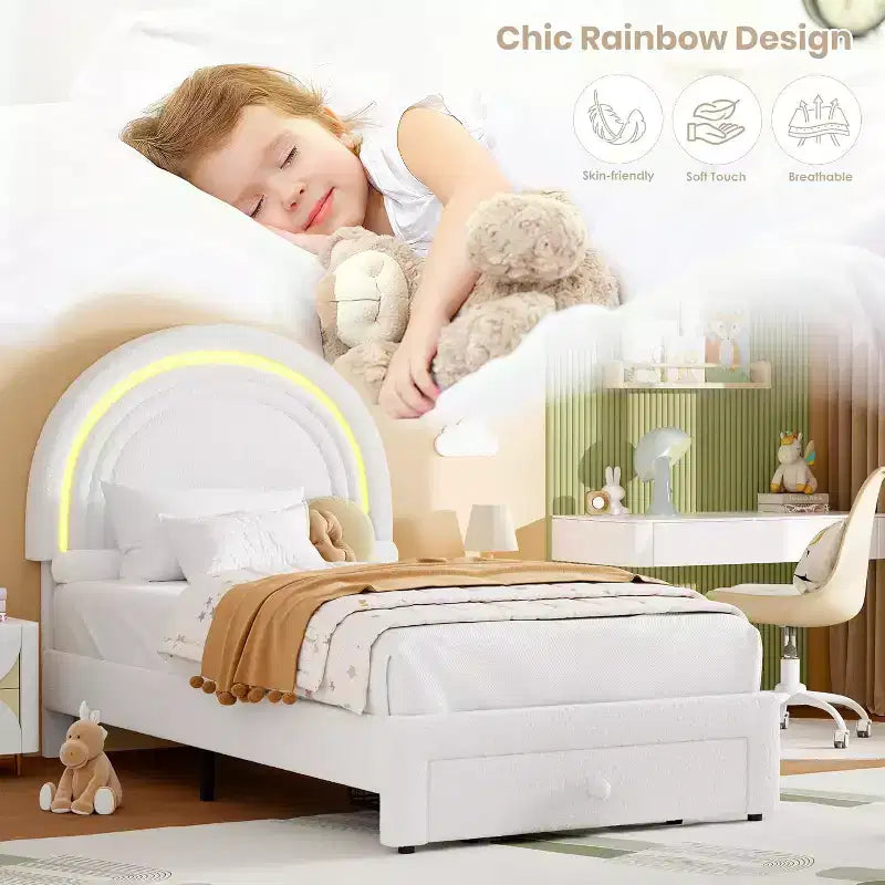Struttura Letto a LED per Bambini (misura singola) - Testiera Arcobaleno + Rivestimento in pile berbero, Struttura a Piattaforma in Stile Principessa, Incluso 1 Cassetto Contenitore