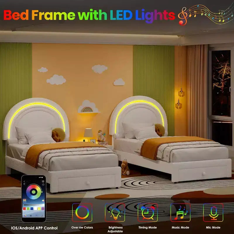 Struttura Letto a LED per Bambini (misura singola) - Testiera Arcobaleno + Rivestimento in pile berbero, Struttura a Piattaforma in Stile Principessa, Incluso 1 Cassetto Contenitore