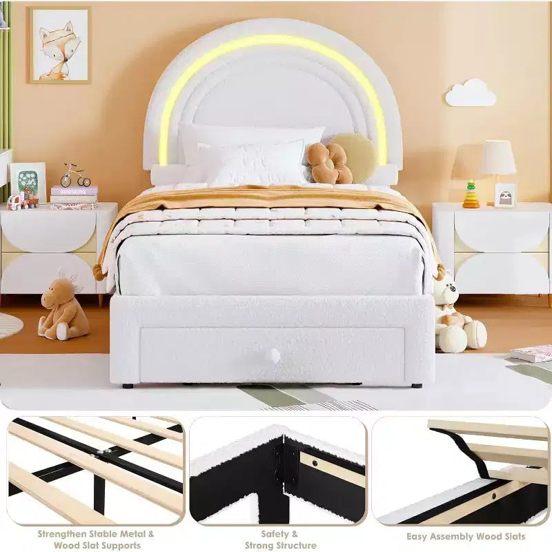 Struttura Letto a LED per Bambini (misura singola) - Testiera Arcobaleno + Rivestimento in pile berbero, Struttura a Piattaforma in Stile Principessa, Incluso 1 Cassetto Contenitore