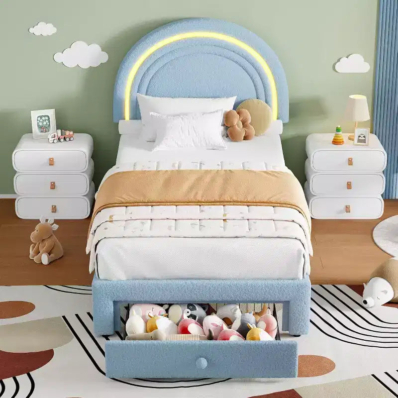 Struttura Letto a LED per Bambini (misura singola) - Testiera Arcobaleno + Rivestimento in pile berbero, Struttura a Piattaforma in Stile Principessa, Incluso 1 Cassetto Contenitore
