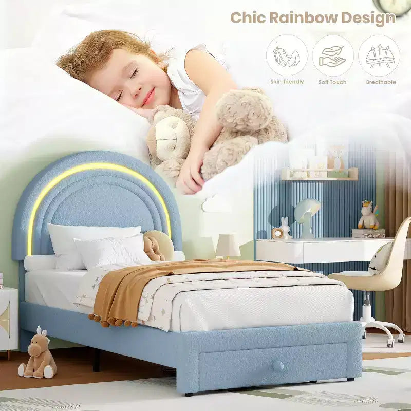 Struttura Letto a LED per Bambini (misura singola) - Testiera Arcobaleno + Rivestimento in pile berbero, Struttura a Piattaforma in Stile Principessa, Incluso 1 Cassetto Contenitore