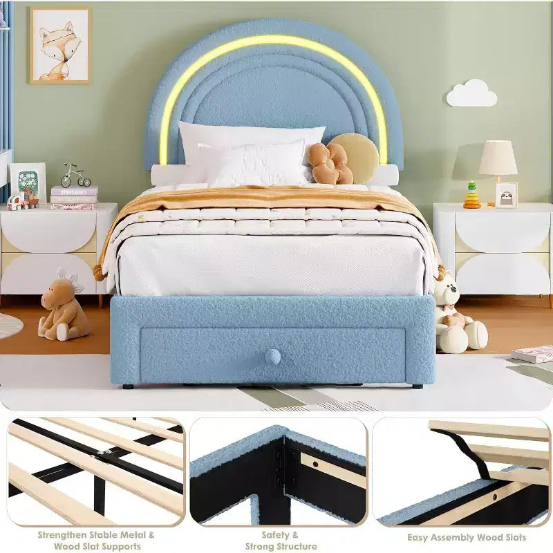 Struttura Letto a LED per Bambini (misura singola) - Testiera Arcobaleno + Rivestimento in pile berbero, Struttura a Piattaforma in Stile Principessa, Incluso 1 Cassetto Contenitore