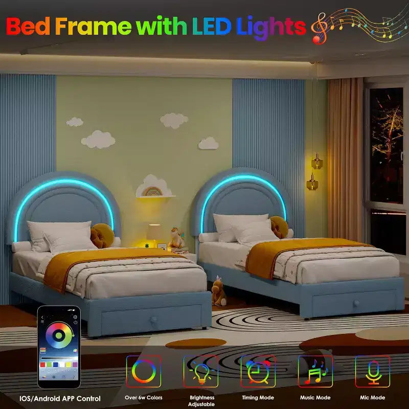 Struttura Letto a LED per Bambini (misura singola) - Testiera Arcobaleno + Rivestimento in pile berbero, Struttura a Piattaforma in Stile Principessa, Incluso 1 Cassetto Contenitore