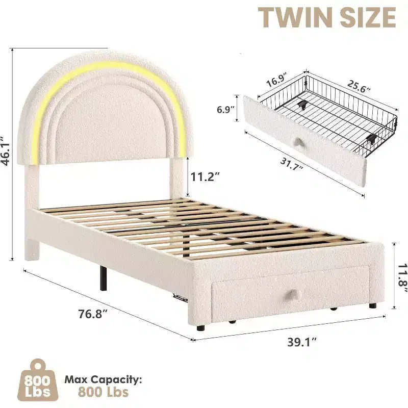 Struttura Letto a LED per Bambini (misura singola) - Testiera Arcobaleno + Rivestimento in pile berbero, Struttura a Piattaforma in Stile Principessa, Incluso 1 Cassetto Contenitore