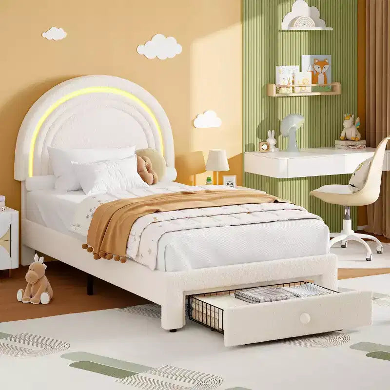 Struttura Letto a LED per Bambini (misura singola) - Testiera Arcobaleno + Rivestimento in pile berbero, Struttura a Piattaforma in Stile Principessa, Incluso 1 Cassetto Contenitore