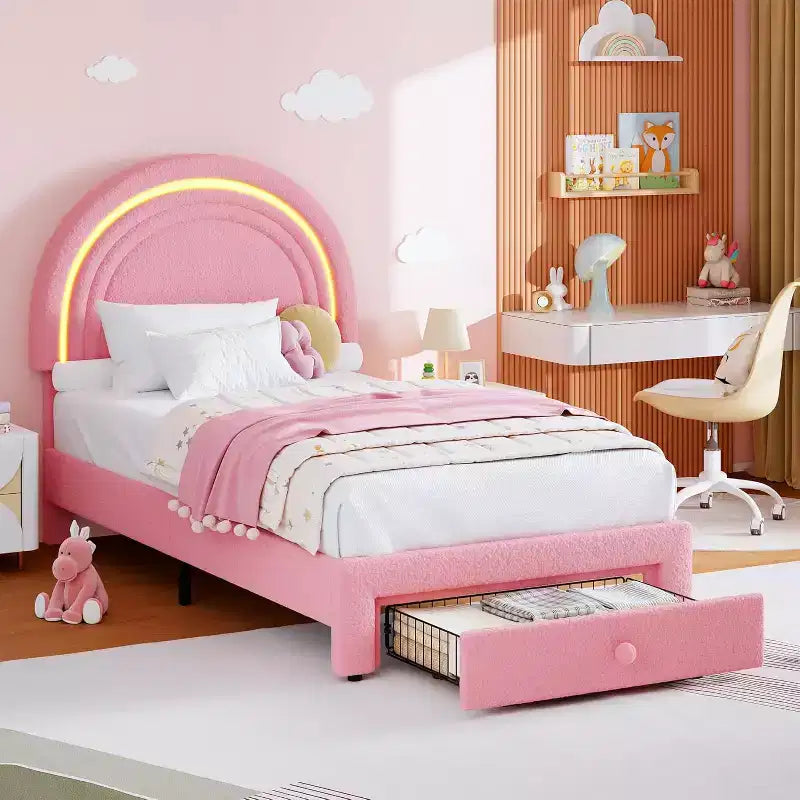 Struttura Letto a LED per Bambini (misura singola) - Testiera Arcobaleno + Rivestimento in pile berbero, Struttura a Piattaforma in Stile Principessa, Incluso 1 Cassetto Contenitore