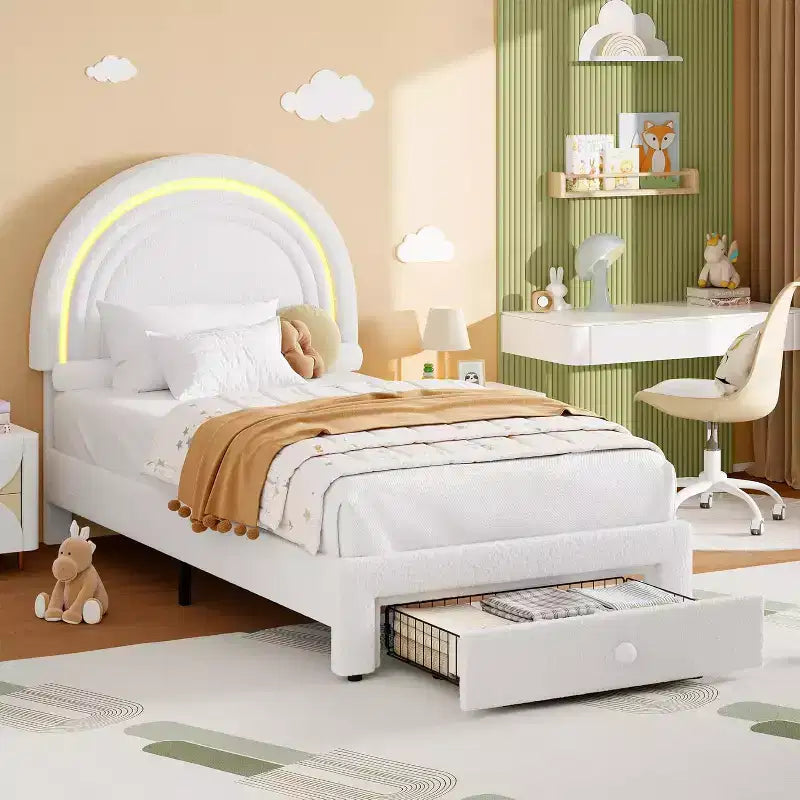 Struttura Letto a LED per Bambini (misura singola) - Testiera Arcobaleno + Rivestimento in pile berbero, Struttura a Piattaforma in Stile Principessa, Incluso 1 Cassetto Contenitore