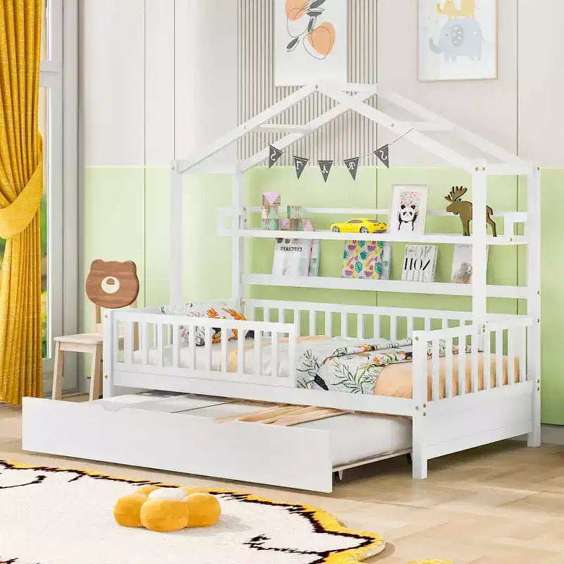 House Bed with Trundle and Storage Shelves, Kids Platform Bed with Fence Rails Wood Playhouse Tent Bed Frame for Girls Boys, White