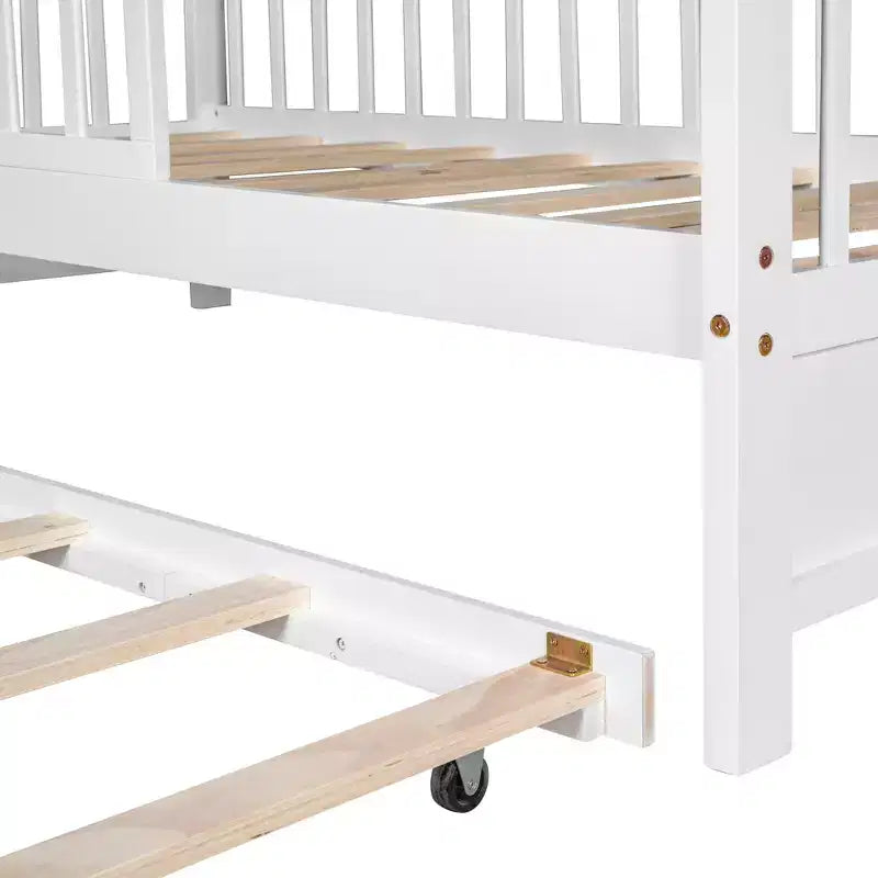 Letto a capanna con letto estraibile e ripiani, letto a piattaforma per bambini con sponde, struttura in legno a forma di tenda da gioco per ragazze e ragazzi, bianco