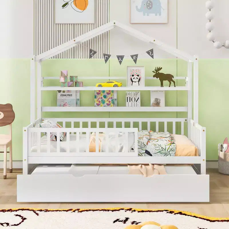 Letto a capanna con letto estraibile e ripiani, letto a piattaforma per bambini con sponde, struttura in legno a forma di tenda da gioco per ragazze e ragazzi, bianco