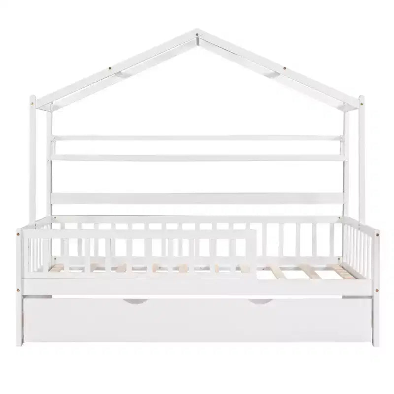 Letto a capanna con letto estraibile e ripiani, letto a piattaforma per bambini con sponde, struttura in legno a forma di tenda da gioco per ragazze e ragazzi, bianco