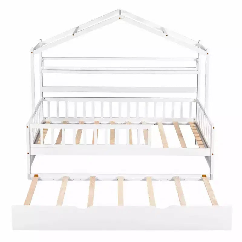 Letto a capanna con letto estraibile e ripiani, letto a piattaforma per bambini con sponde, struttura in legno a forma di tenda da gioco per ragazze e ragazzi, bianco