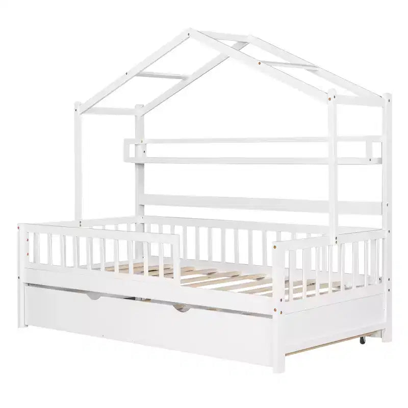 Letto a capanna con letto estraibile e ripiani, letto a piattaforma per bambini con sponde, struttura in legno a forma di tenda da gioco per ragazze e ragazzi, bianco